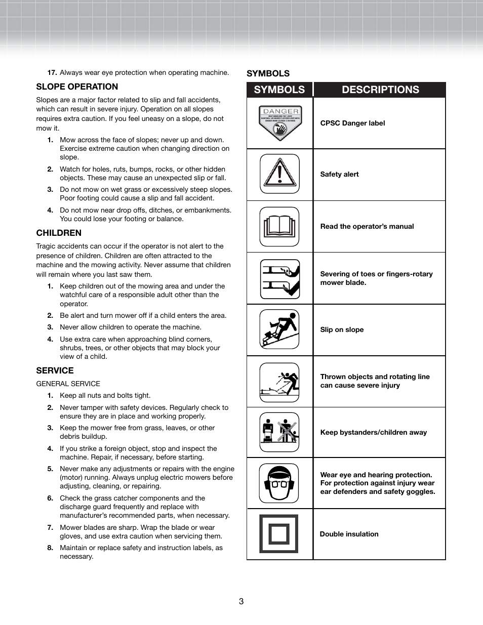 Symbols descriptions | Snow Joe MJ403E-RM Mow Joe 13-Amp 17-Inch Electric Lawn Mower User Manual | Page 3 / 10