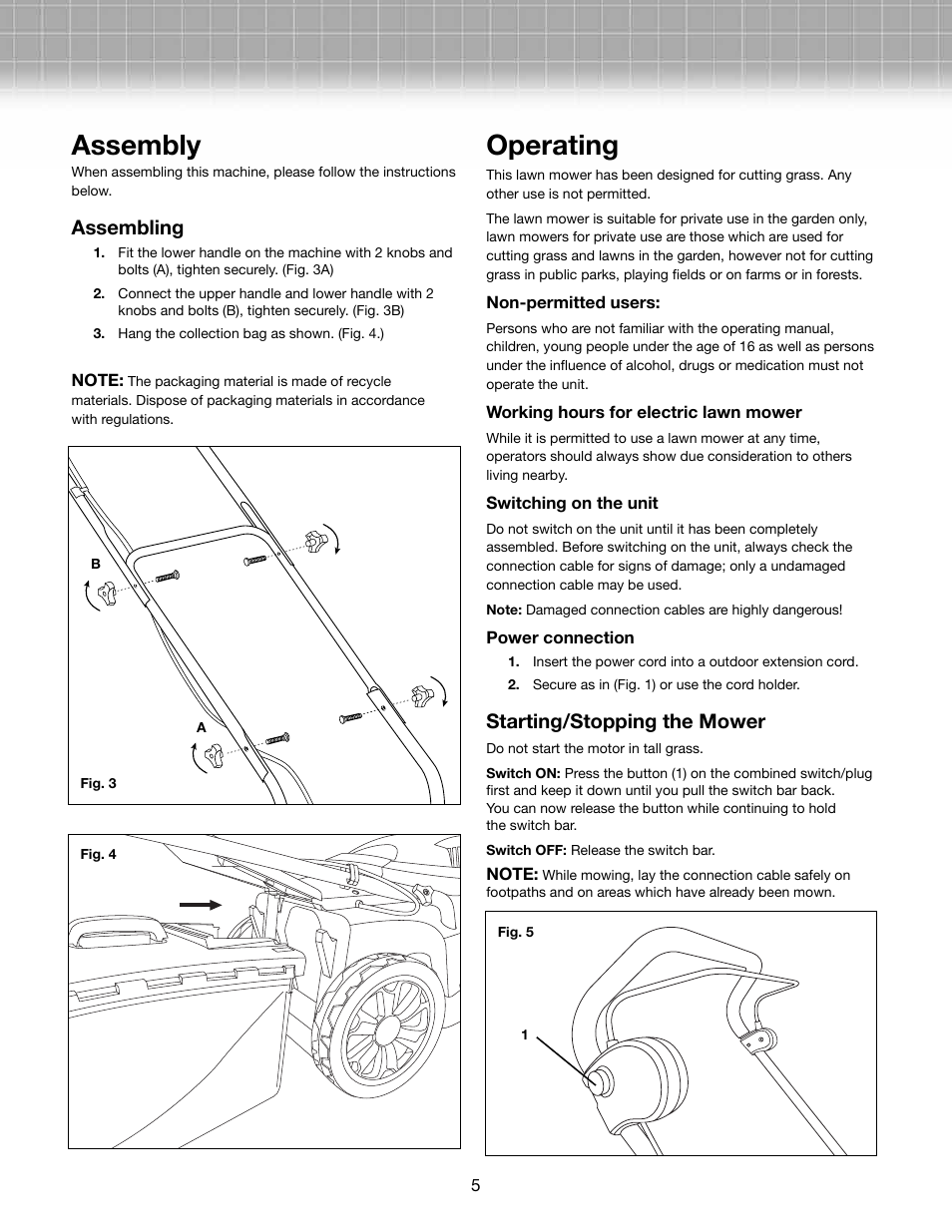 Assembly, Operating, Assembling | Starting/stopping the mower | Snow Joe MJ403E-RM Mow Joe 13-Amp 17-Inch Electric Lawn Mower User Manual | Page 5 / 10