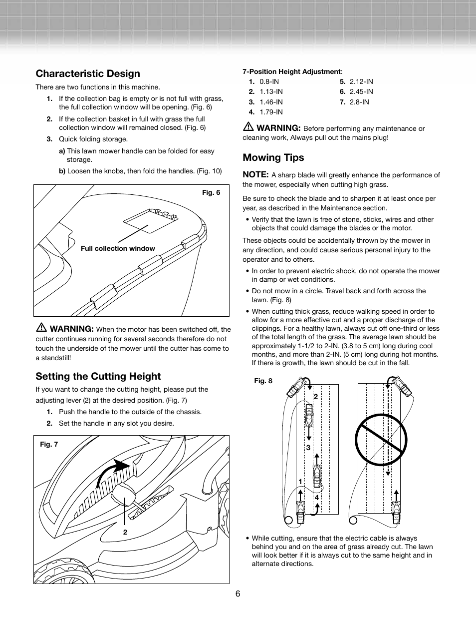 Characteristic design, Setting the cutting height, Mowing tips | Snow Joe MJ403E-RM Mow Joe 13-Amp 17-Inch Electric Lawn Mower User Manual | Page 6 / 10