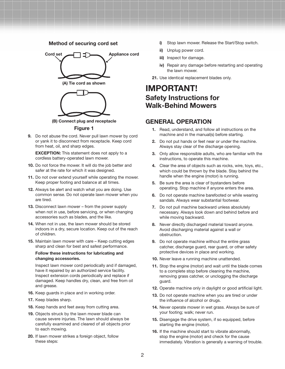 Important, Safety instructions for walk-behind mowers, General operation | Snow Joe MJ407E-RM Mow Joe 20-inch Bag/Mulch/Side Discharge Electric Lawn Mower User Manual | Page 2 / 10