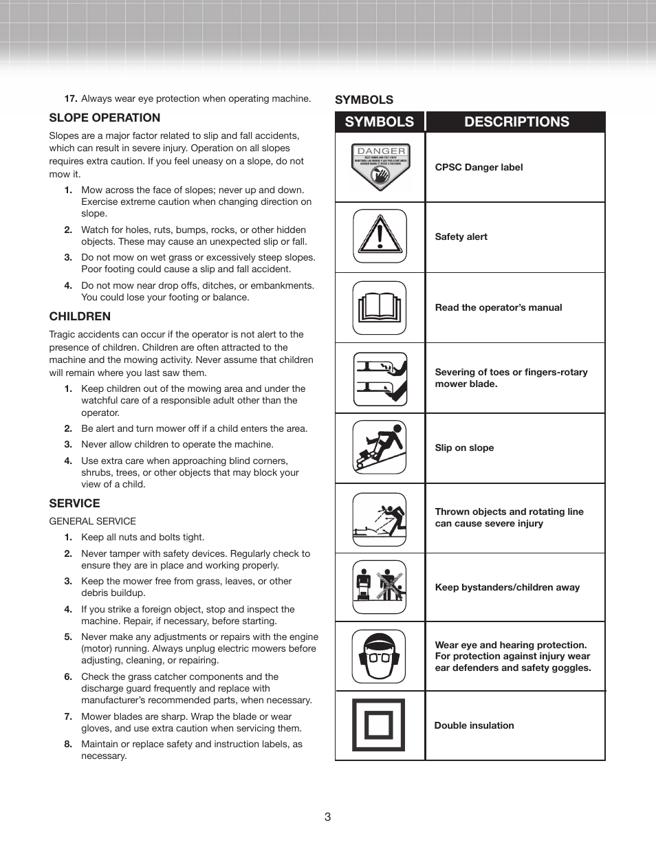 Symbols descriptions | Snow Joe MJ407E-RM Mow Joe 20-inch Bag/Mulch/Side Discharge Electric Lawn Mower User Manual | Page 3 / 10