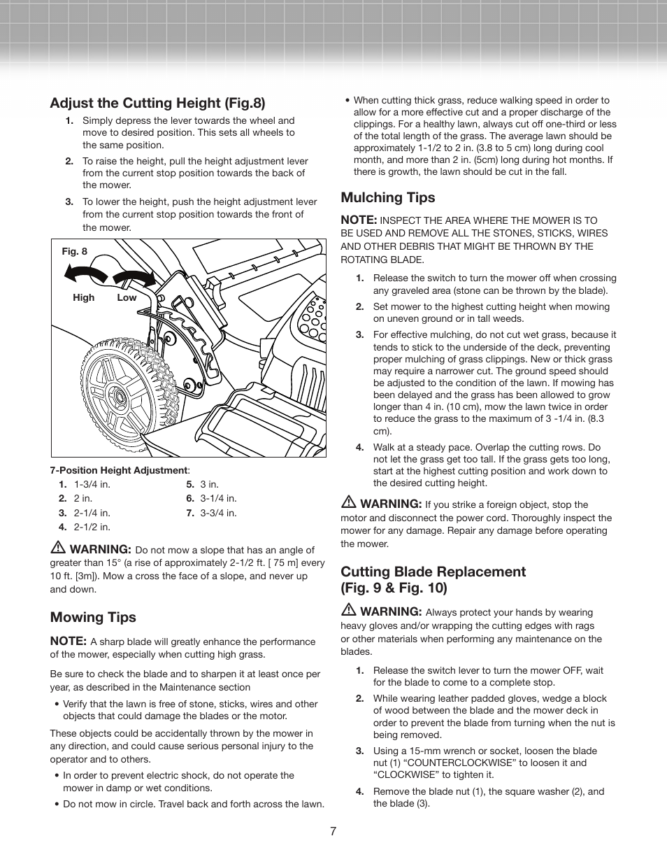 Adjust the cutting height (fig.8), Mowing tips, Mulching tips | Cutting blade replacement (fig. 9 & fig. 10) | Snow Joe MJ407E-RM Mow Joe 20-inch Bag/Mulch/Side Discharge Electric Lawn Mower User Manual | Page 7 / 10