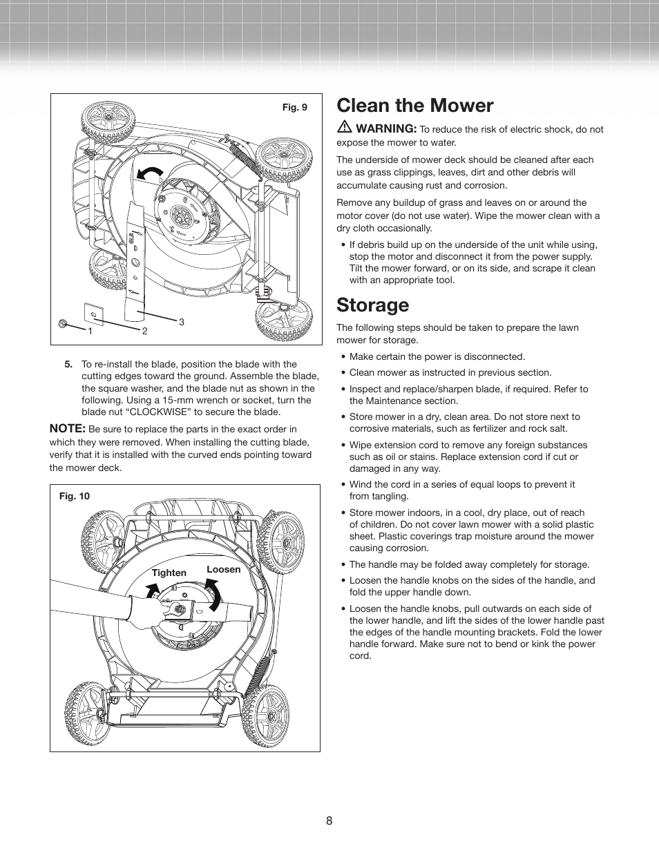 Clean the mower, Storage, Mulching tips | Cutting blade replacement (fig. 9 & fig. 10) | Snow Joe MJ407E-RM Mow Joe 20-inch Bag/Mulch/Side Discharge Electric Lawn Mower User Manual | Page 8 / 10