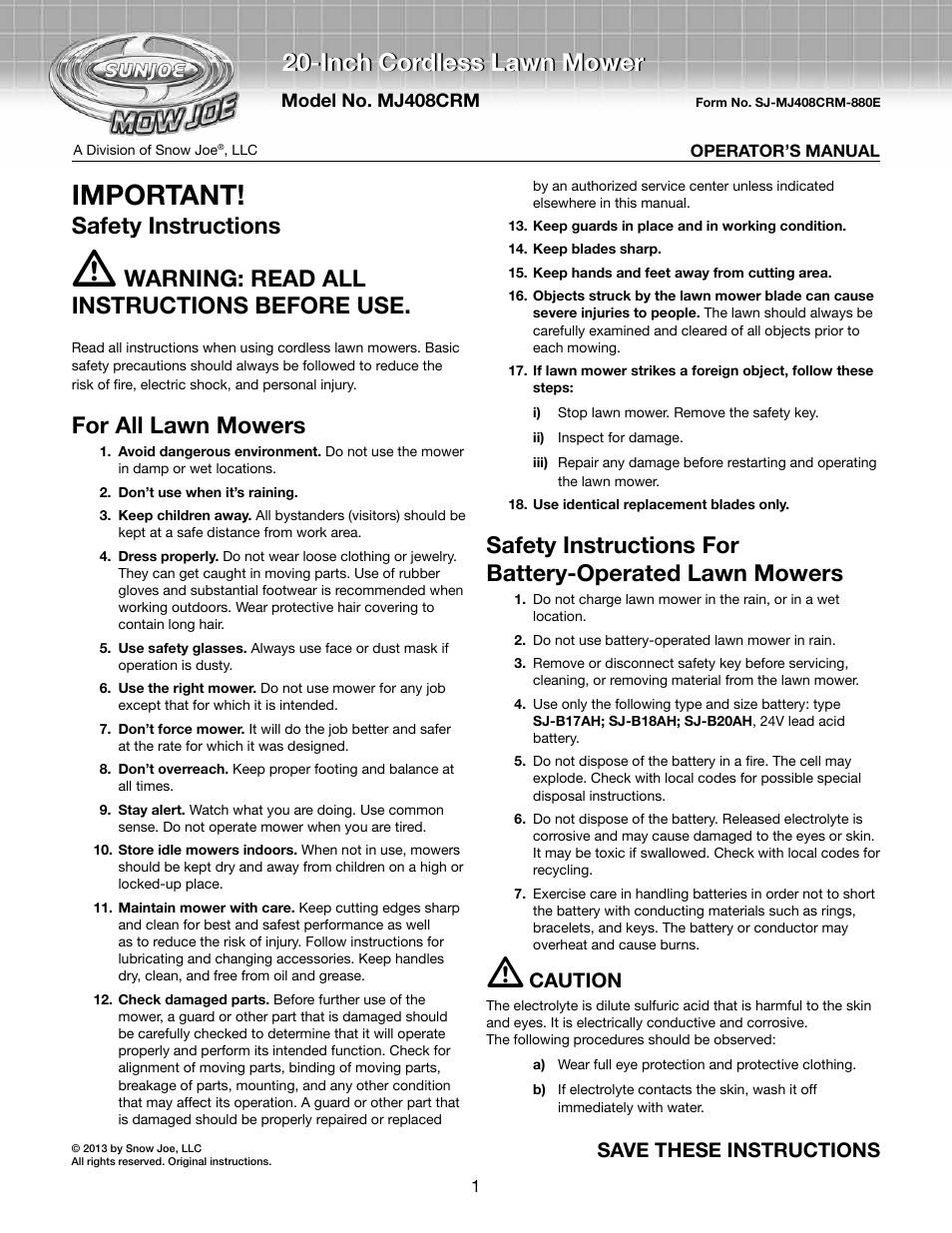 Snow Joe MJ409C-RM Mow Joe 20-Inch Bag/Mulch/Side Discharge Cordless Self-Propelled Lawn Mower User Manual | 12 pages