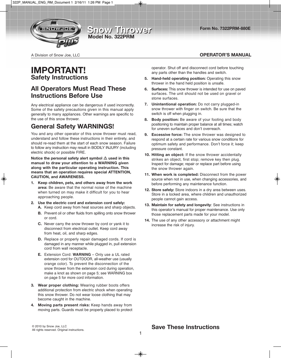 Snow Joe 322P-RM Plus 12-Inch 7.5-Amp Electric Snow Thrower User Manual | 8 pages