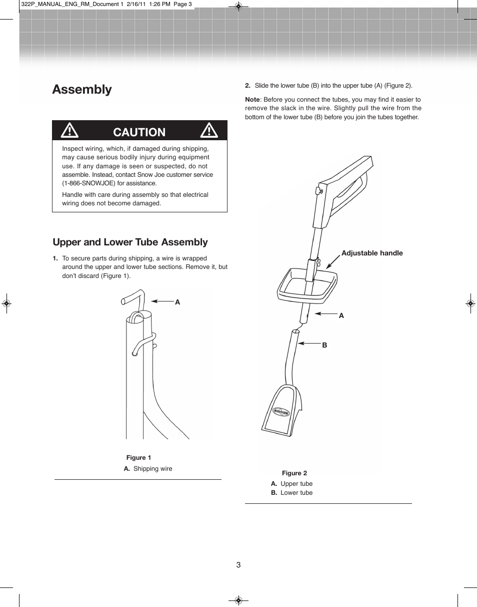 Assembly, Caution, Upper and lower tube assembly | Snow Joe 322P-RM Plus 12-Inch 7.5-Amp Electric Snow Thrower User Manual | Page 3 / 8