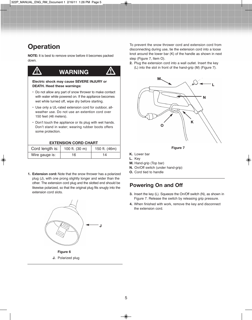 Operation, Warning, Powering on and off | Snow Joe 322P-RM Plus 12-Inch 7.5-Amp Electric Snow Thrower User Manual | Page 5 / 8