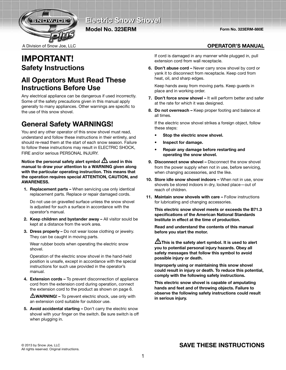 Snow Joe 323E-RM Plus 13-Inch 10-Amp Electric Snow Shovel User Manual | 10 pages