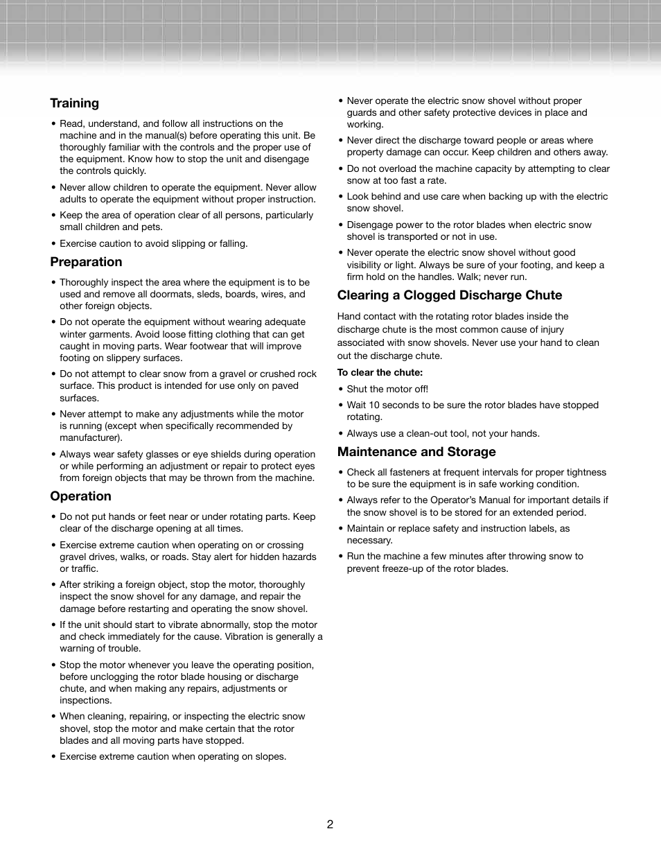 Training, Preparation, Operation | Clearing a clogged discharge chute, Maintenance and storage | Snow Joe 323E-RM Plus 13-Inch 10-Amp Electric Snow Shovel User Manual | Page 2 / 10