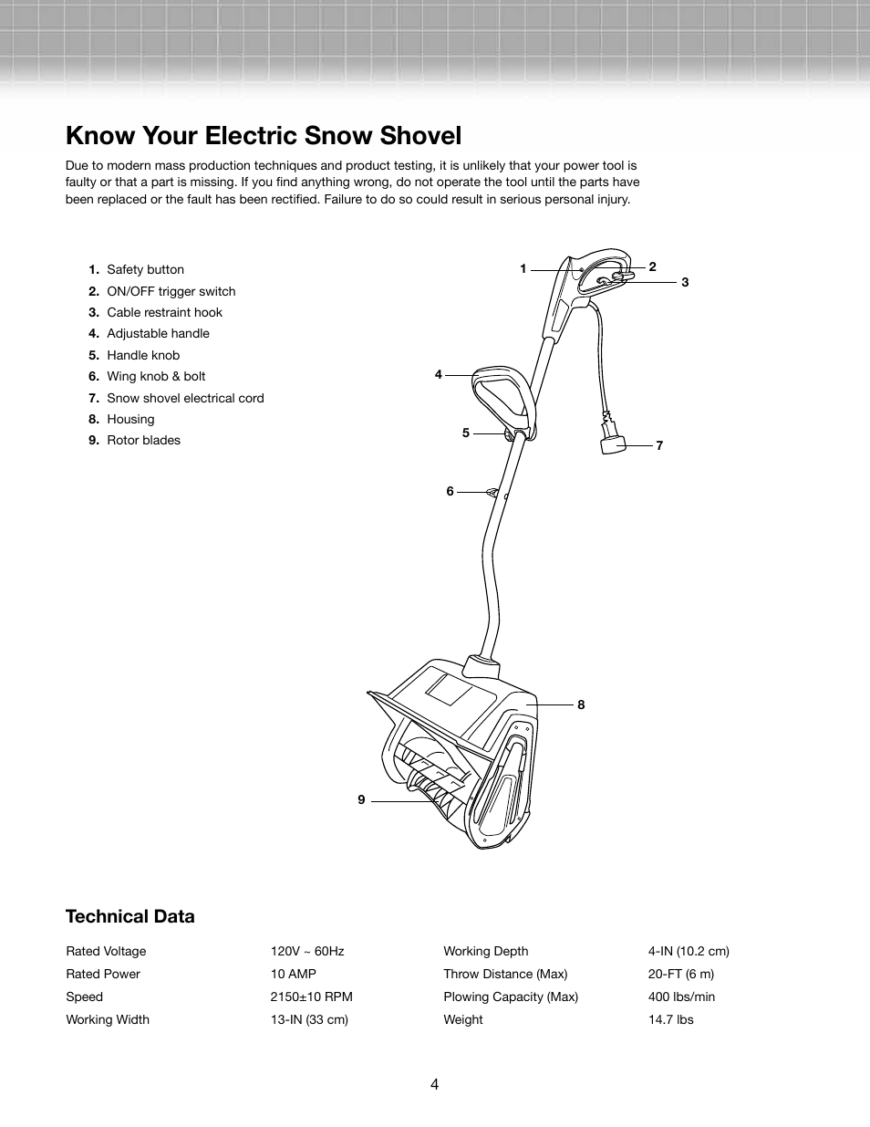 Know your electric snow shovel, Technical data | Snow Joe 323E-RM Plus 13-Inch 10-Amp Electric Snow Shovel User Manual | Page 4 / 10