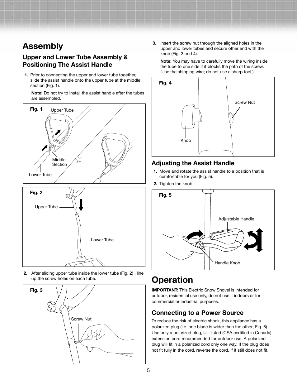Assembly, Operation, Adjusting the assist handle | Connecting to a power source | Snow Joe 323E-RM Plus 13-Inch 10-Amp Electric Snow Shovel User Manual | Page 5 / 10