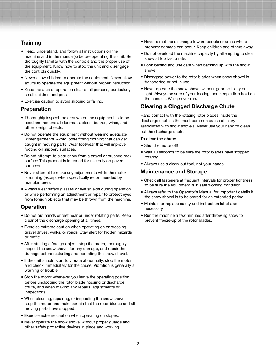 Training, Preparation, Operation | Clearing a clogged discharge chute, Maintenance and storage | Snow Joe 324E-RM Plus 11-Inch 10-Amp Electric Snow Shovel with Light User Manual | Page 2 / 10
