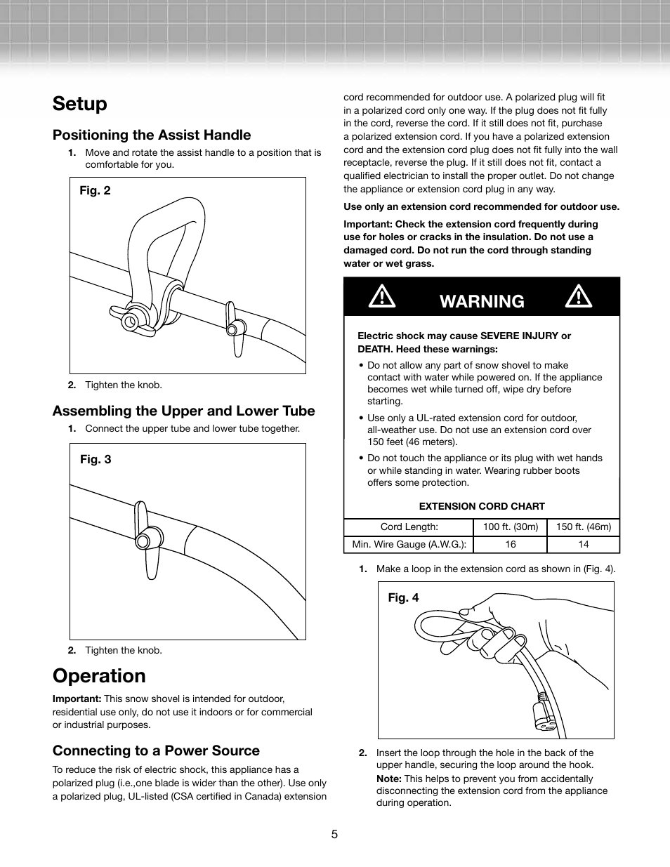 Setup, Operation, Warning | Snow Joe 324E-RM Plus 11-Inch 10-Amp Electric Snow Shovel with Light User Manual | Page 5 / 10