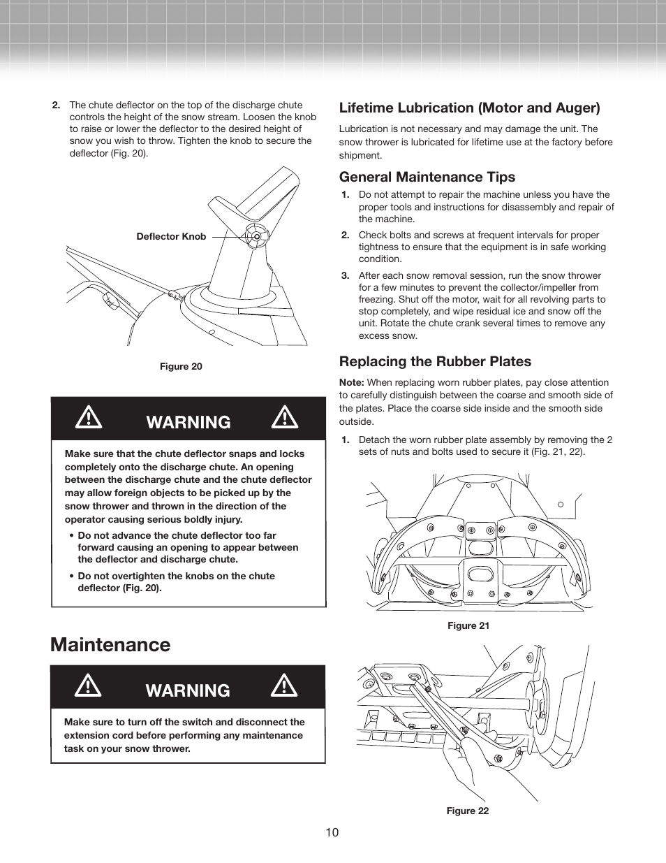 Maintenance, Warning | Snow Joe SJM988-RM Max 18-Inch 13.5-Amp Electric Snow Thrower with Light in RED User Manual | Page 10 / 14