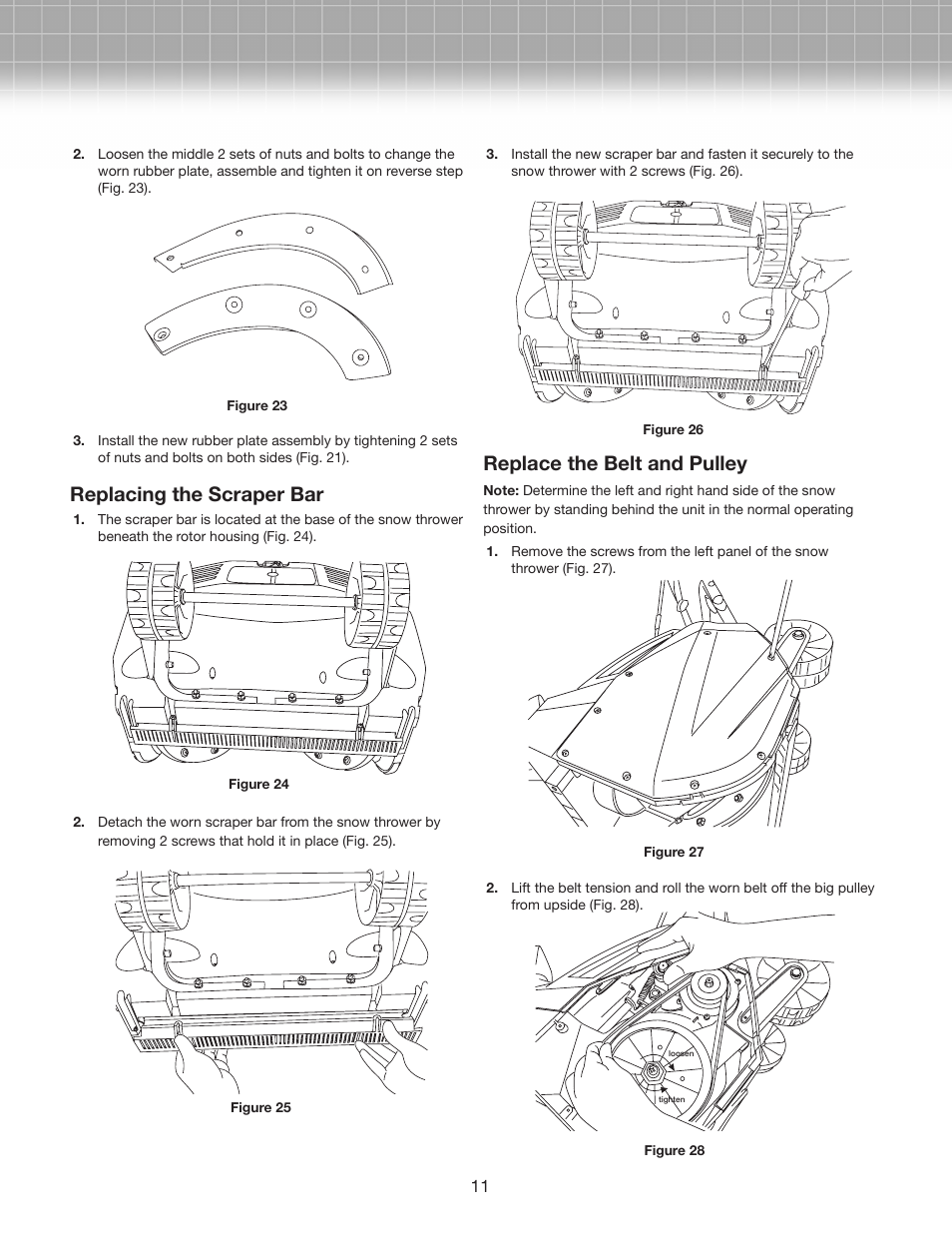 Replacing the scraper bar, Replace the belt and pulley | Snow Joe SJM988-RM Max 18-Inch 13.5-Amp Electric Snow Thrower with Light in RED User Manual | Page 11 / 14