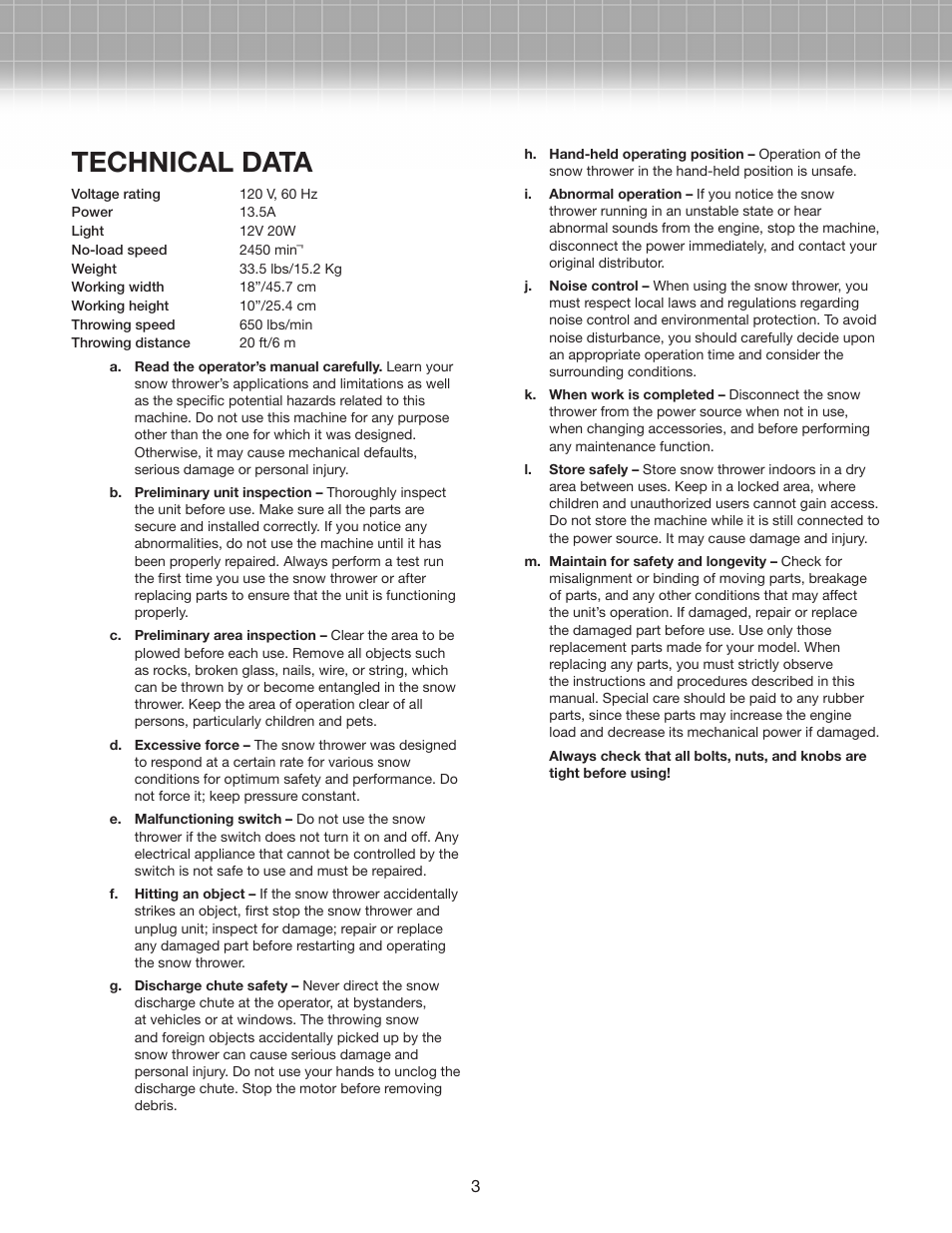 Technical data | Snow Joe SJM988-RM Max 18-Inch 13.5-Amp Electric Snow Thrower with Light in RED User Manual | Page 3 / 14