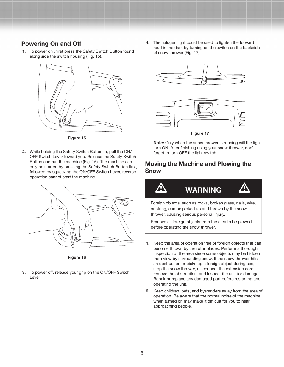 Warning | Snow Joe SJM988-RM Max 18-Inch 13.5-Amp Electric Snow Thrower with Light in RED User Manual | Page 8 / 14