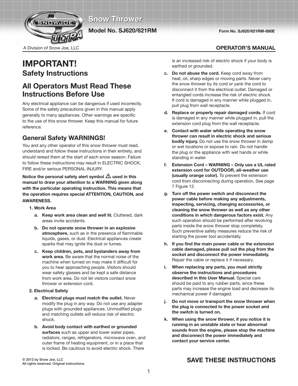 Snow Joe SJ620-RM Ultra 18-Inch 13.5-Amp Electric Snow Thrower User Manual | 14 pages