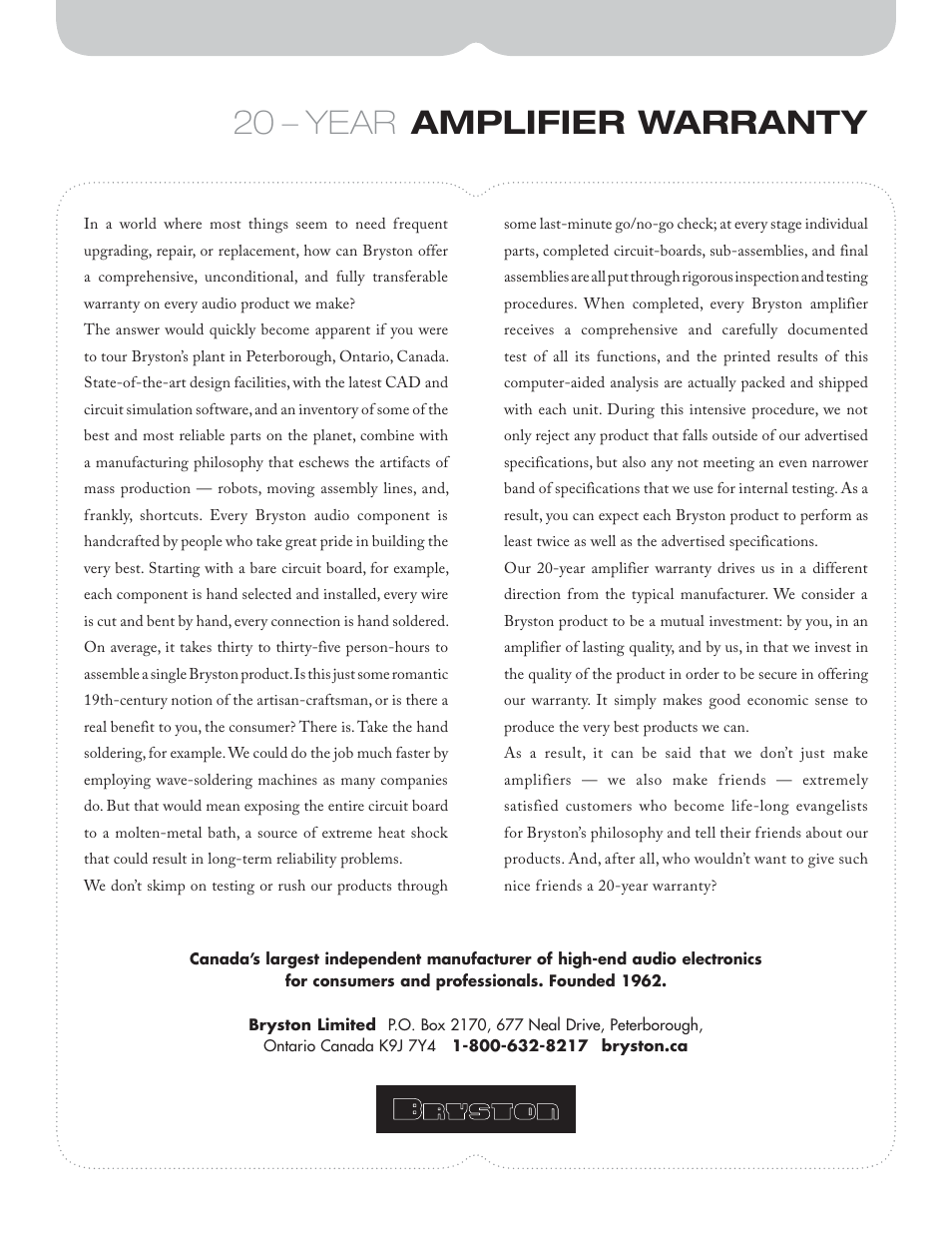 20 – year amplifier warranty | Bryston SST CSERIES User Manual | Page 12 / 12