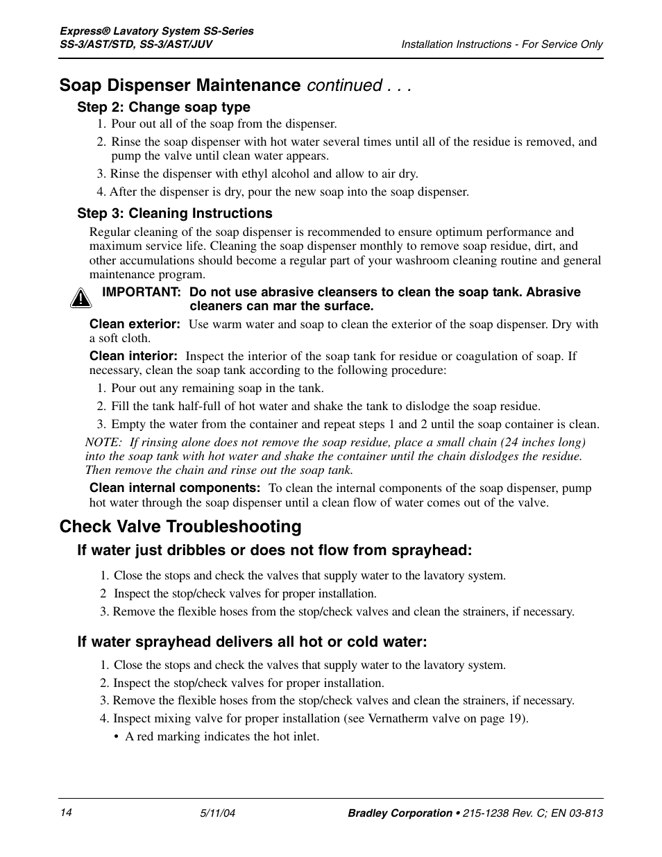 Continued, Soap dispenser maintenance, Check valve troubleshooting | Bradley Smoker EXPRESS SS-3/AST/JUV User Manual | Page 14 / 19