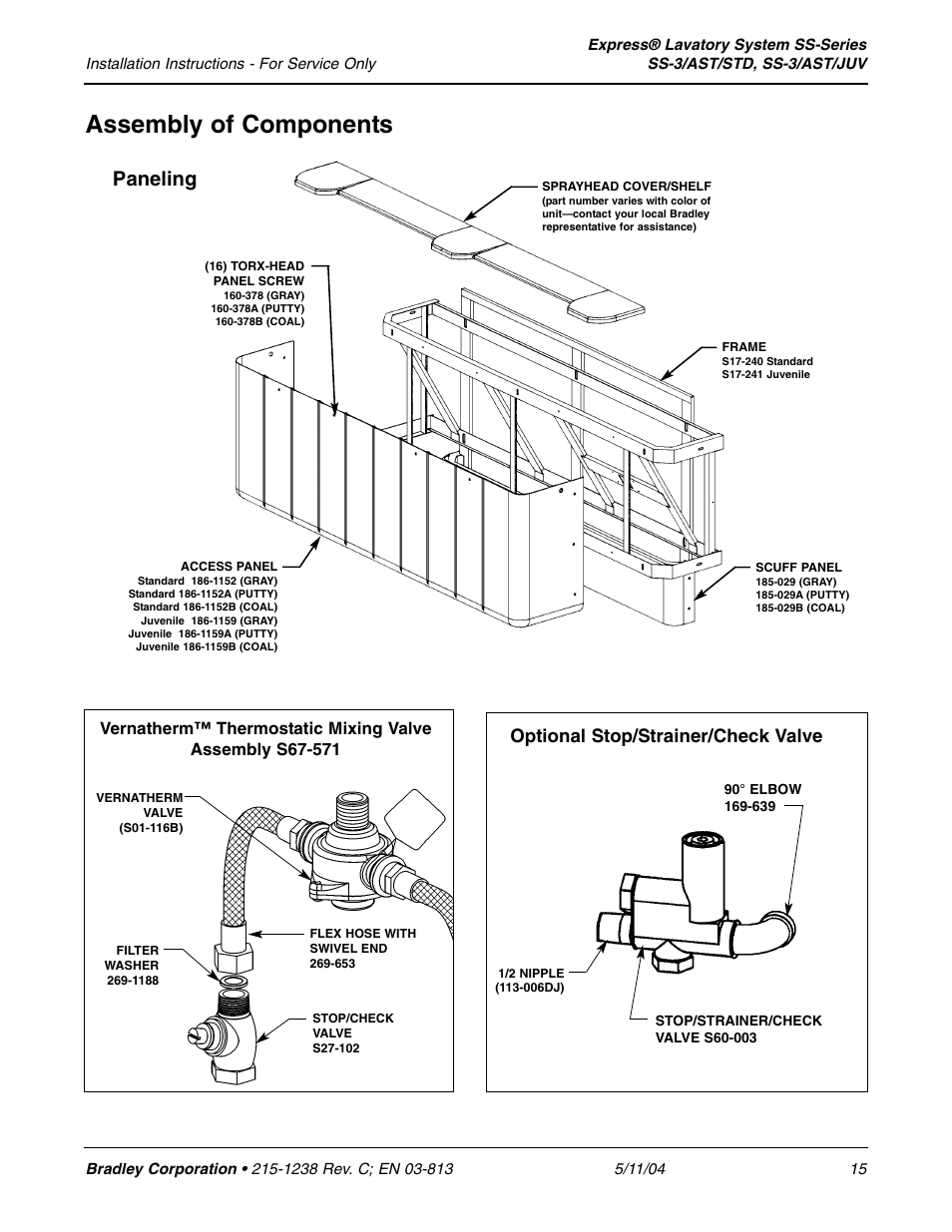 Assembly of components, Paneling, Optional stop/strainer/check valve | Bradley Smoker EXPRESS SS-3/AST/JUV User Manual | Page 15 / 19