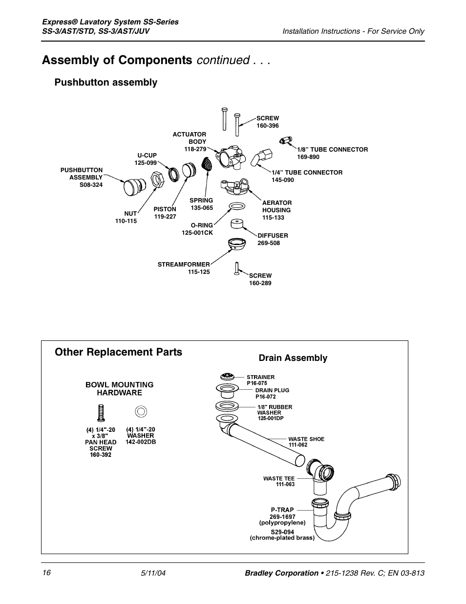 Continued, Assembly of components, Other replacement parts | Pushbutton assembly, Drain assembly | Bradley Smoker EXPRESS SS-3/AST/JUV User Manual | Page 16 / 19