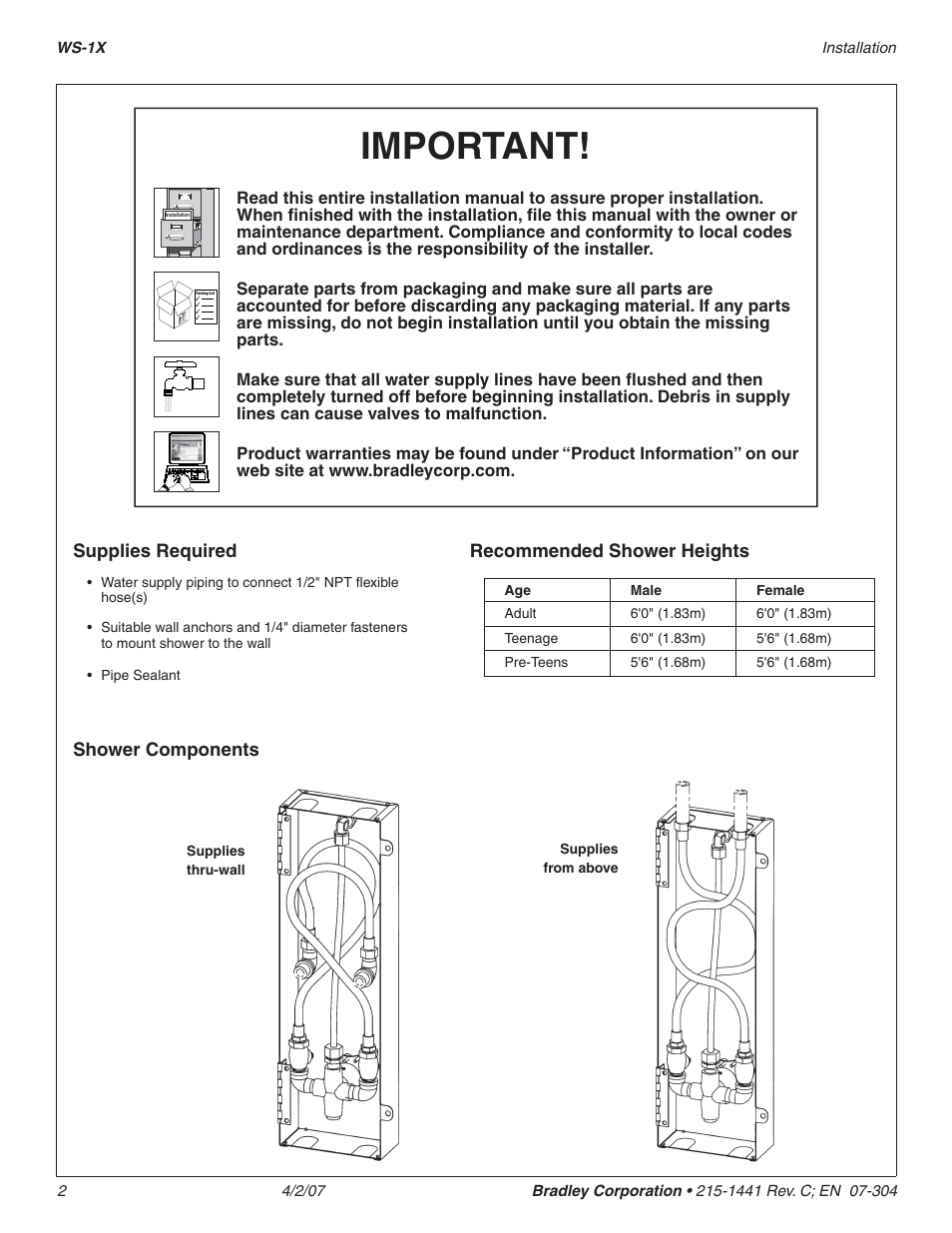 Important, Shower components, Recommended shower heights | Supplies required | Bradley Smoker WS-1X User Manual | Page 2 / 10