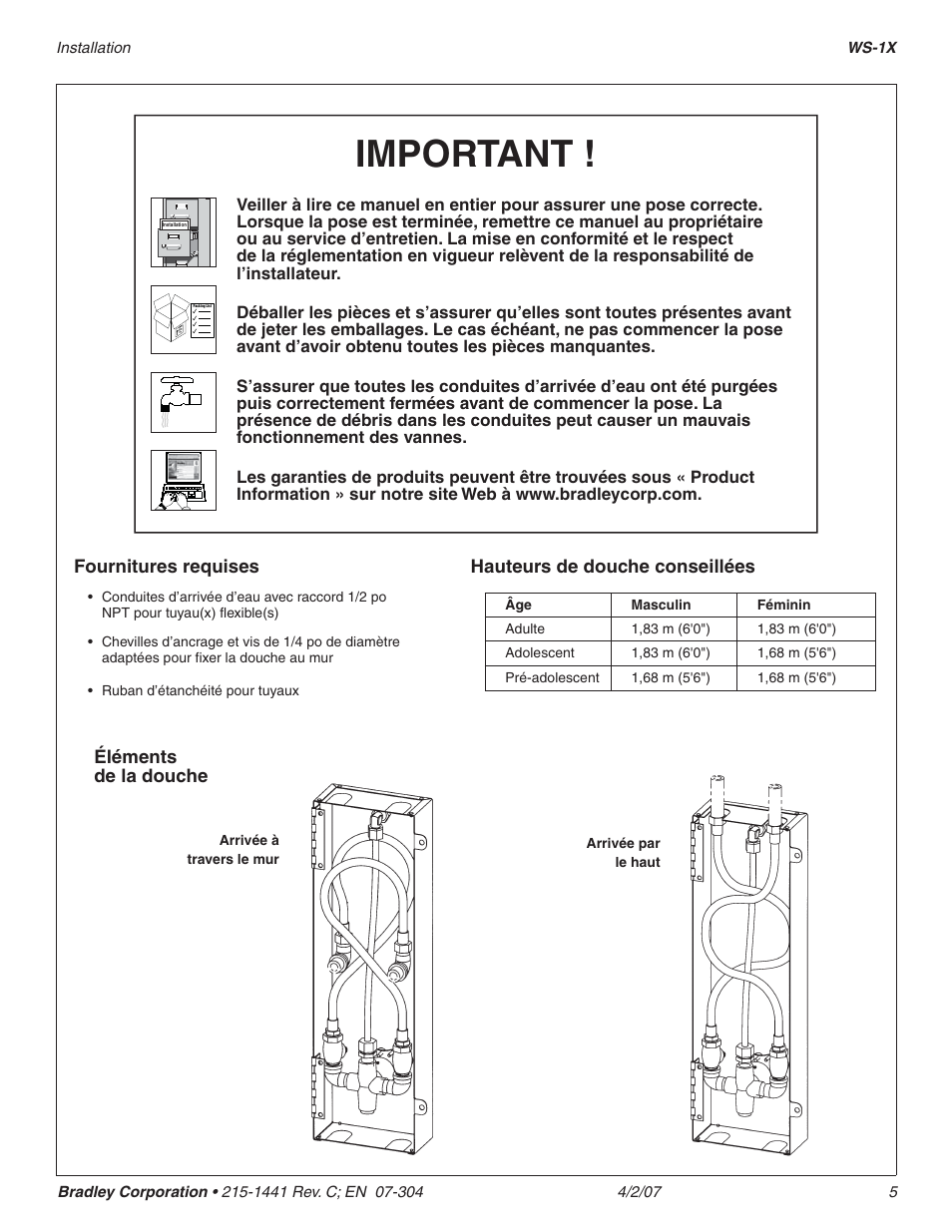 Important, Éléments de la douche, Fournitures requises | Hauteurs de douche conseillées | Bradley Smoker WS-1X User Manual | Page 5 / 10