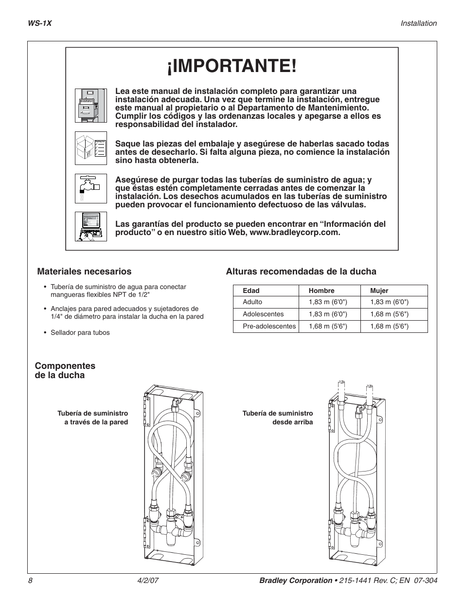 Importante, Componentes de la ducha, Alturas recomendadas de la ducha | Materiales necesarios | Bradley Smoker WS-1X User Manual | Page 8 / 10