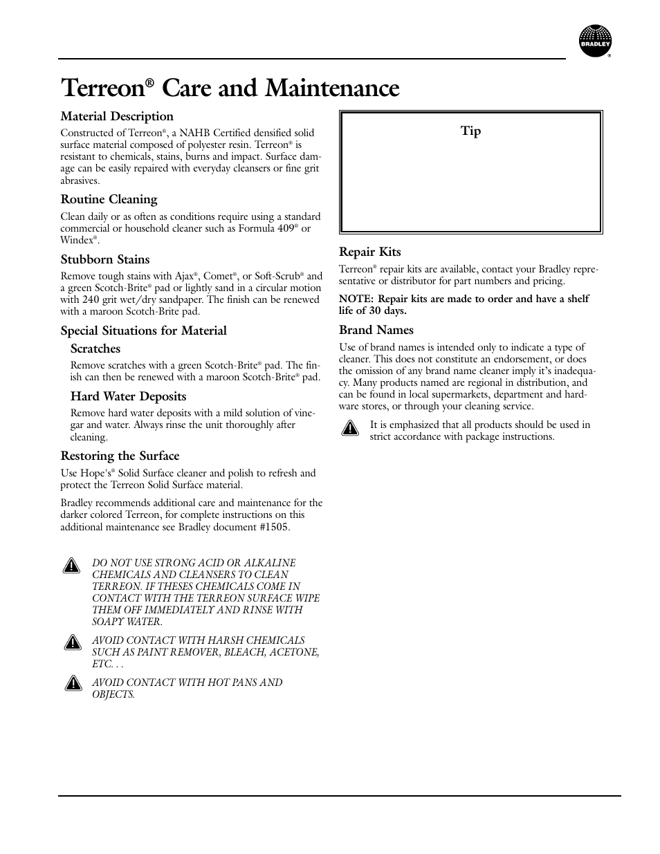 Care and maintenance, Terreon, Multi-fount washfountains | Bradley MF2922 User Manual | Page 33 / 34