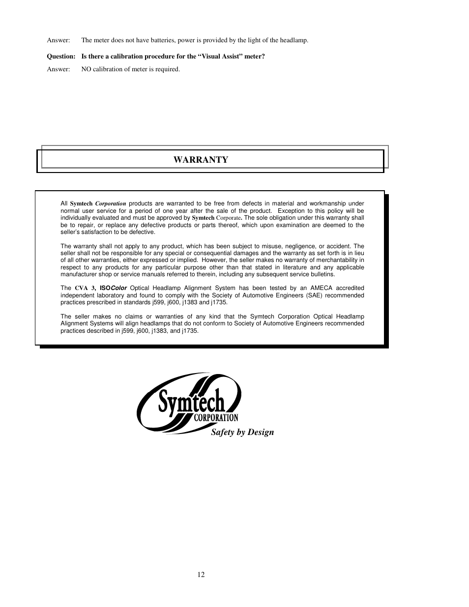 Warranty, Safety by design | Symtech CVA 3 With Line Laser User Manual | Page 12 / 12