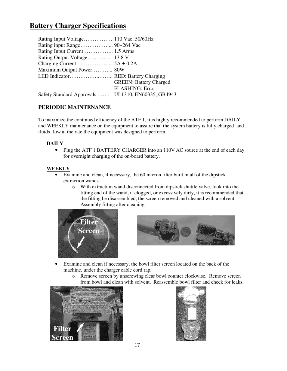 Battery charger specifications, Filter screen filter screen | Symtech ATF 1 User Manual | Page 18 / 21
