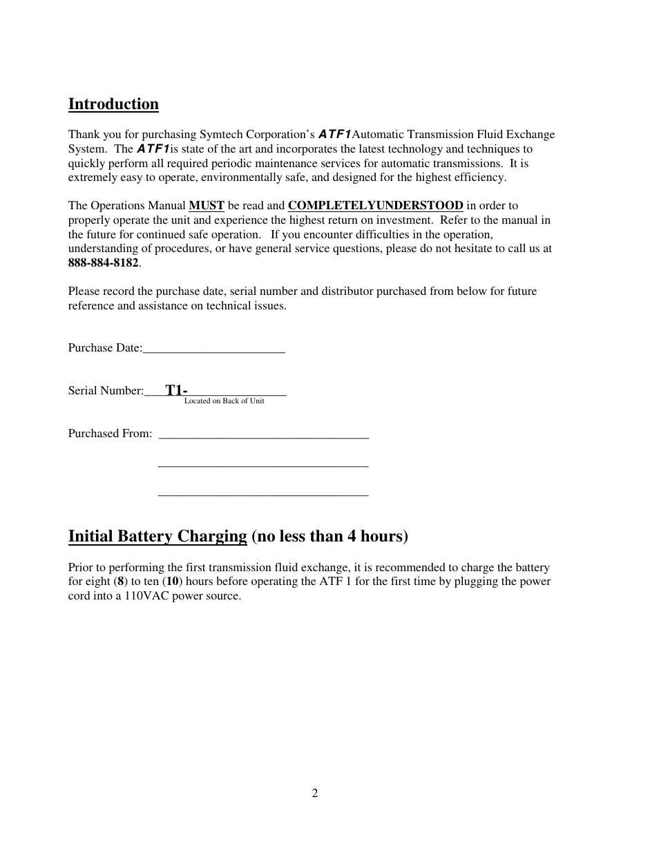 Introduction, Initial battery charging (no less than 4 hours) | Symtech ATF 1 User Manual | Page 3 / 21