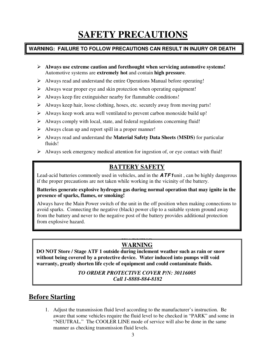 Safety precautions, Before starting, Battery safety | Warning | Symtech ATF 1 User Manual | Page 4 / 21