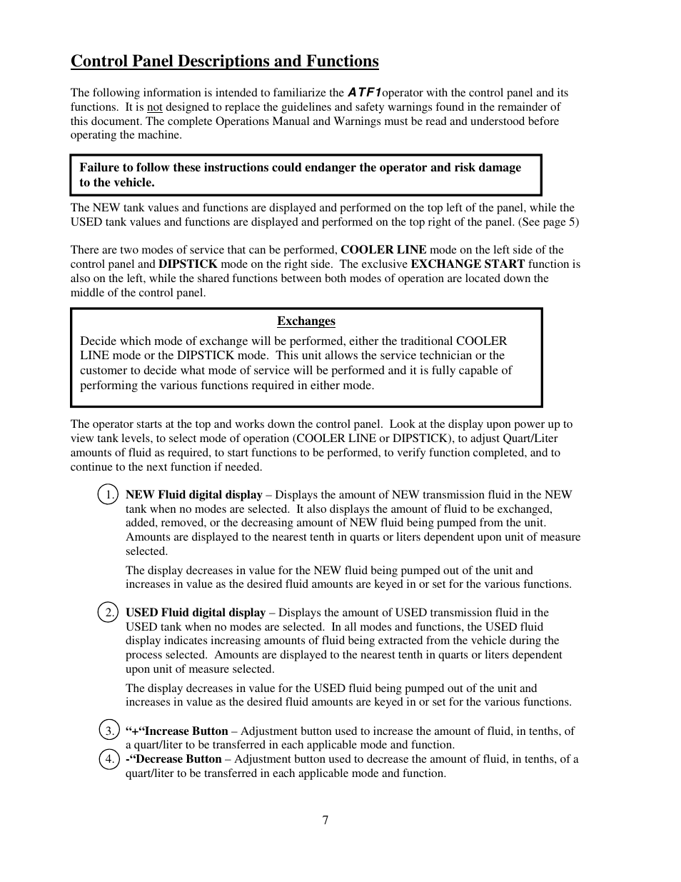 Control panel descriptions and functions | Symtech ATF 1 User Manual | Page 8 / 21