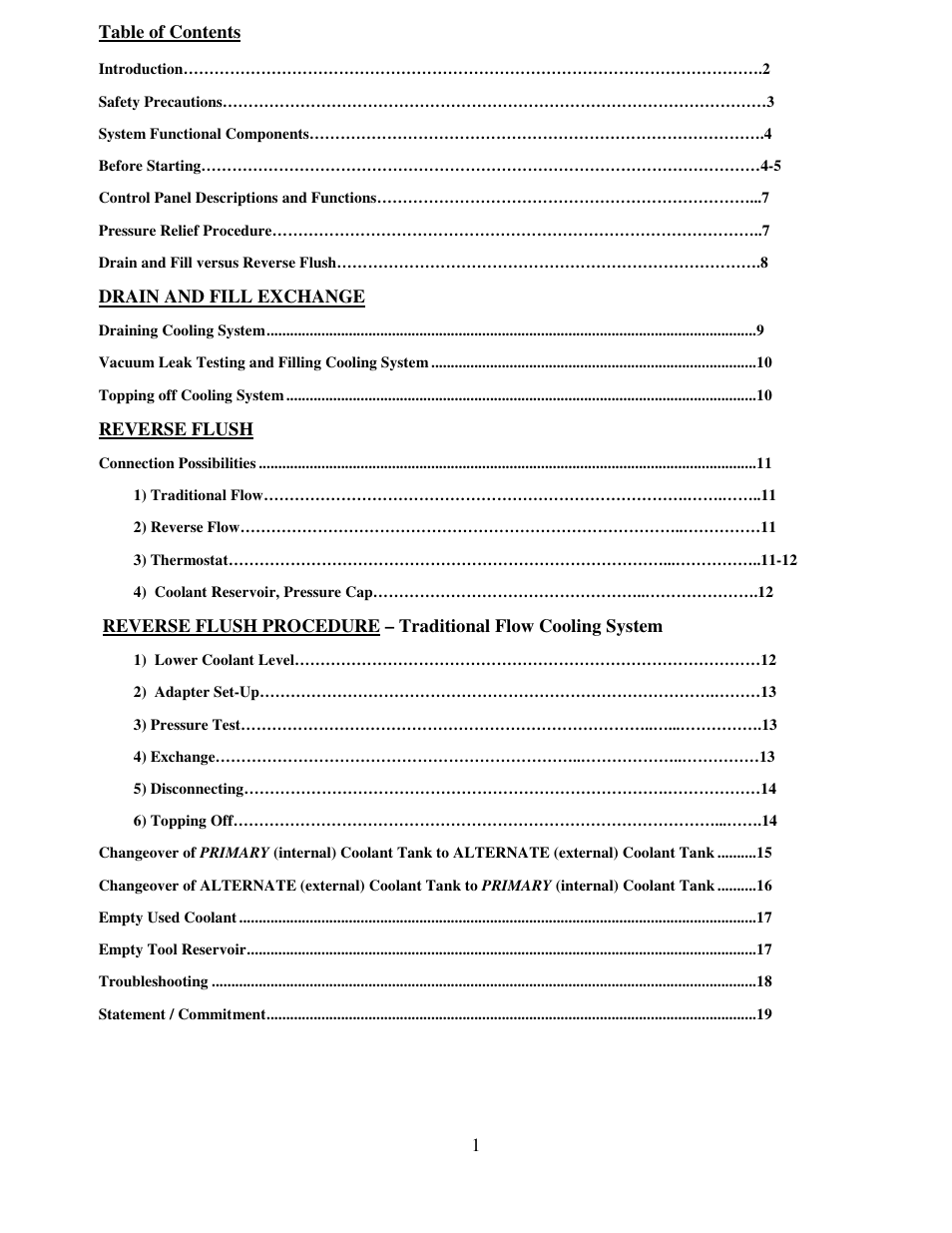 1table of contents, Drain and fill exchange, Reverse flush | Symtech VFX 1 User Manual | Page 2 / 20