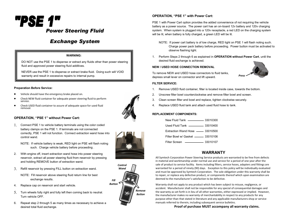 Power steering fluid exchange system, Warranty | Symtech PSE 1 User Manual | Page 2 / 2