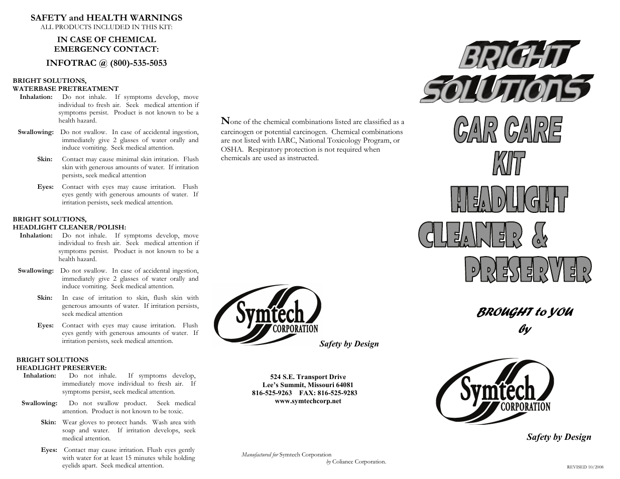 Brought to you by, Safety by design safety and health warnings | Symtech Car Care Kit User Manual | Page 2 / 2