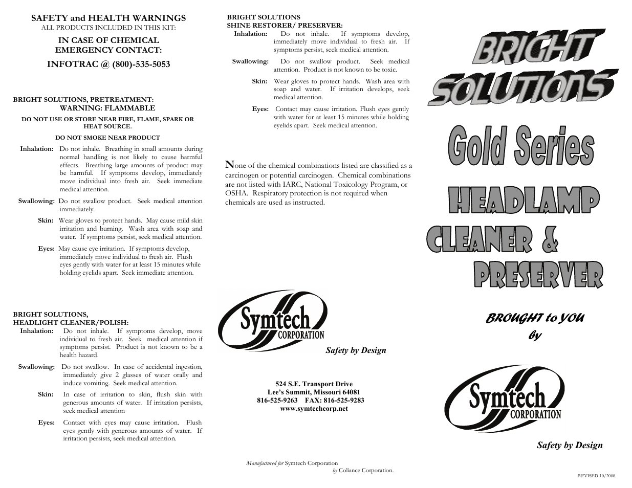 Brought to you by, Safety by design safety and health warnings | Symtech Gold Series Kit User Manual | Page 2 / 2