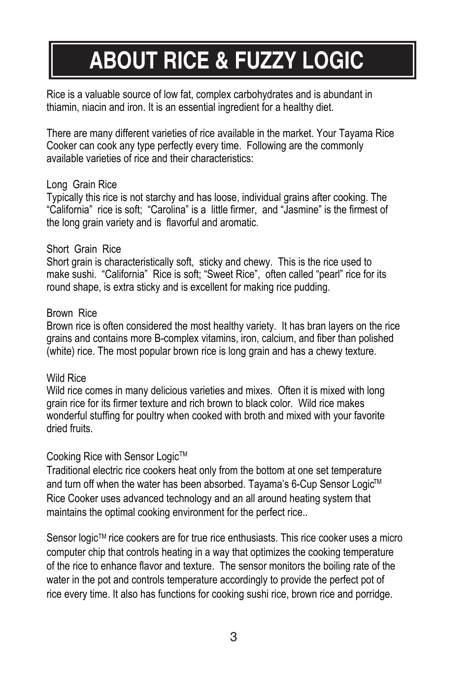 About rice & fuzzy logic | Tayama MB-FZ30B User Manual | Page 5 / 11