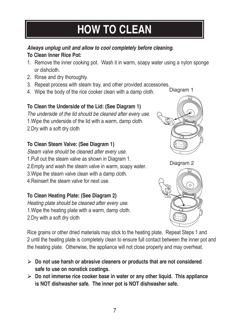 How to clean, Diagram 1 diagram 2 | Tayama MB-FZ30B User Manual | Page 9 / 11