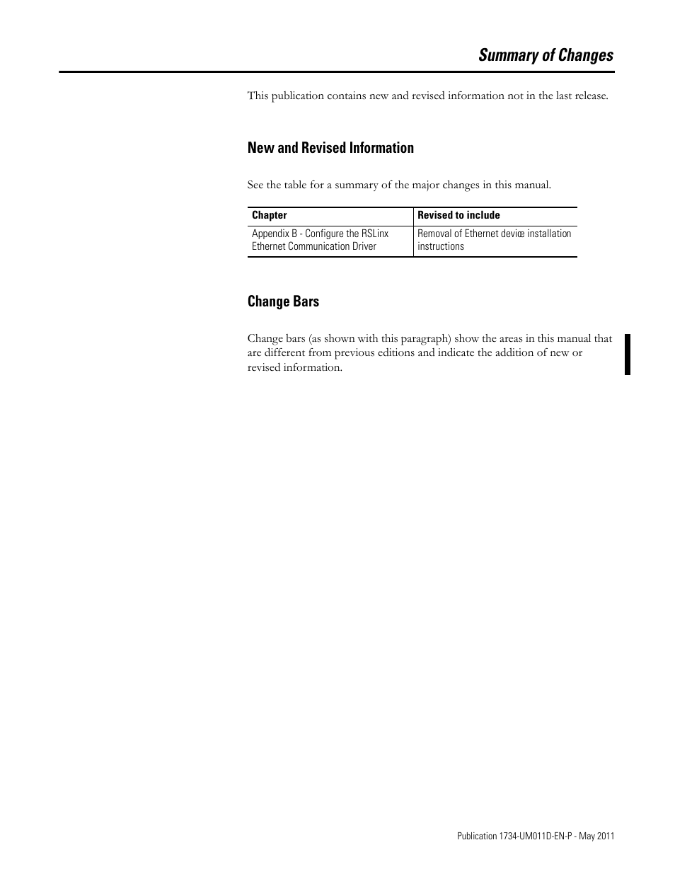 Summary of changes, New and revised information, Change bars | Rockwell Automation 1734-AENT POINT I/O EtherNet/IP Adapter Module User Manual | Page 15 / 158