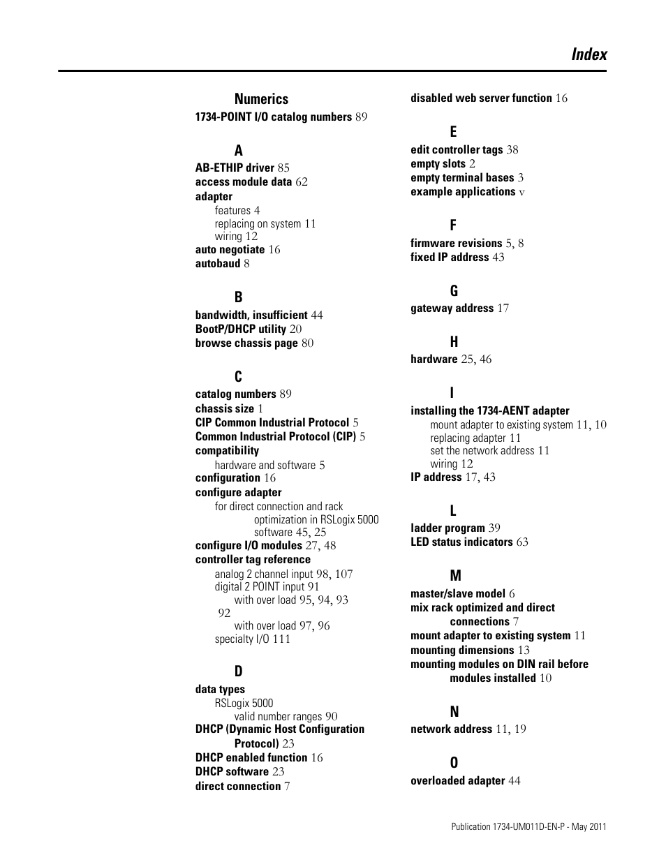 Index | Rockwell Automation 1734-AENT POINT I/O EtherNet/IP Adapter Module User Manual | Page 155 / 158