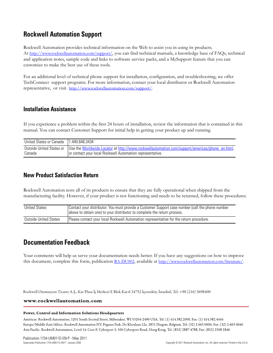 Back cover, Rockwell automation support, Documentation feedback | Installation assistance, New product satisfaction return | Rockwell Automation 1734-AENT POINT I/O EtherNet/IP Adapter Module User Manual | Page 158 / 158