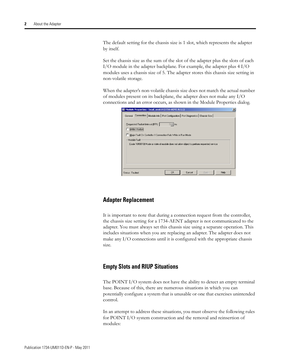 Adapter replacement, Empty slots and riup situations | Rockwell Automation 1734-AENT POINT I/O EtherNet/IP Adapter Module User Manual | Page 18 / 158