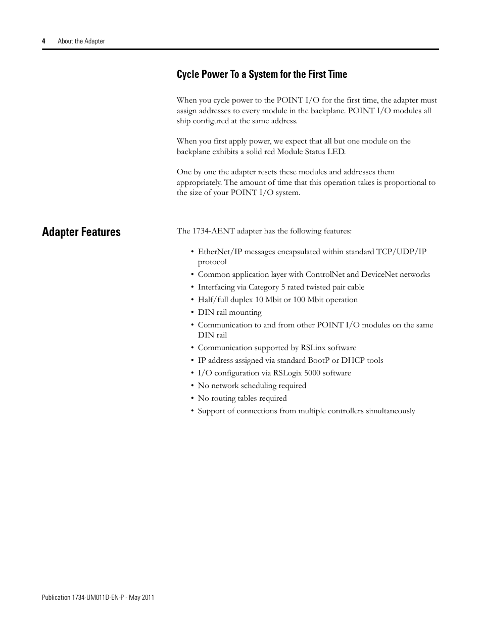 Cycle power to a system for the first time, Adapter features | Rockwell Automation 1734-AENT POINT I/O EtherNet/IP Adapter Module User Manual | Page 20 / 158