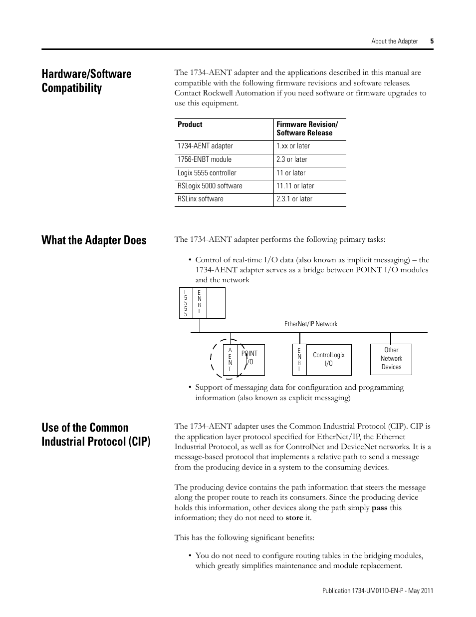 Hardware/software compatibility, What the adapter does, Use of the common industrial protocol (cip) | Rockwell Automation 1734-AENT POINT I/O EtherNet/IP Adapter Module User Manual | Page 21 / 158