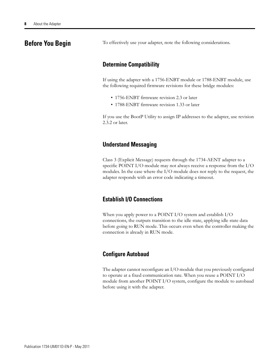 Before you begin, Determine compatibility, Understand messaging | Establish i/o connections, Configure autobaud | Rockwell Automation 1734-AENT POINT I/O EtherNet/IP Adapter Module User Manual | Page 24 / 158