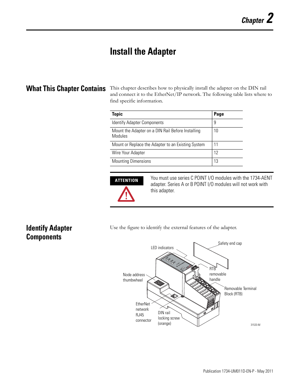Chapter 2 - install the adapter, What this chapter contains, Identify adapter components | Chapter 2, Install the adapter, Chapter | Rockwell Automation 1734-AENT POINT I/O EtherNet/IP Adapter Module User Manual | Page 25 / 158