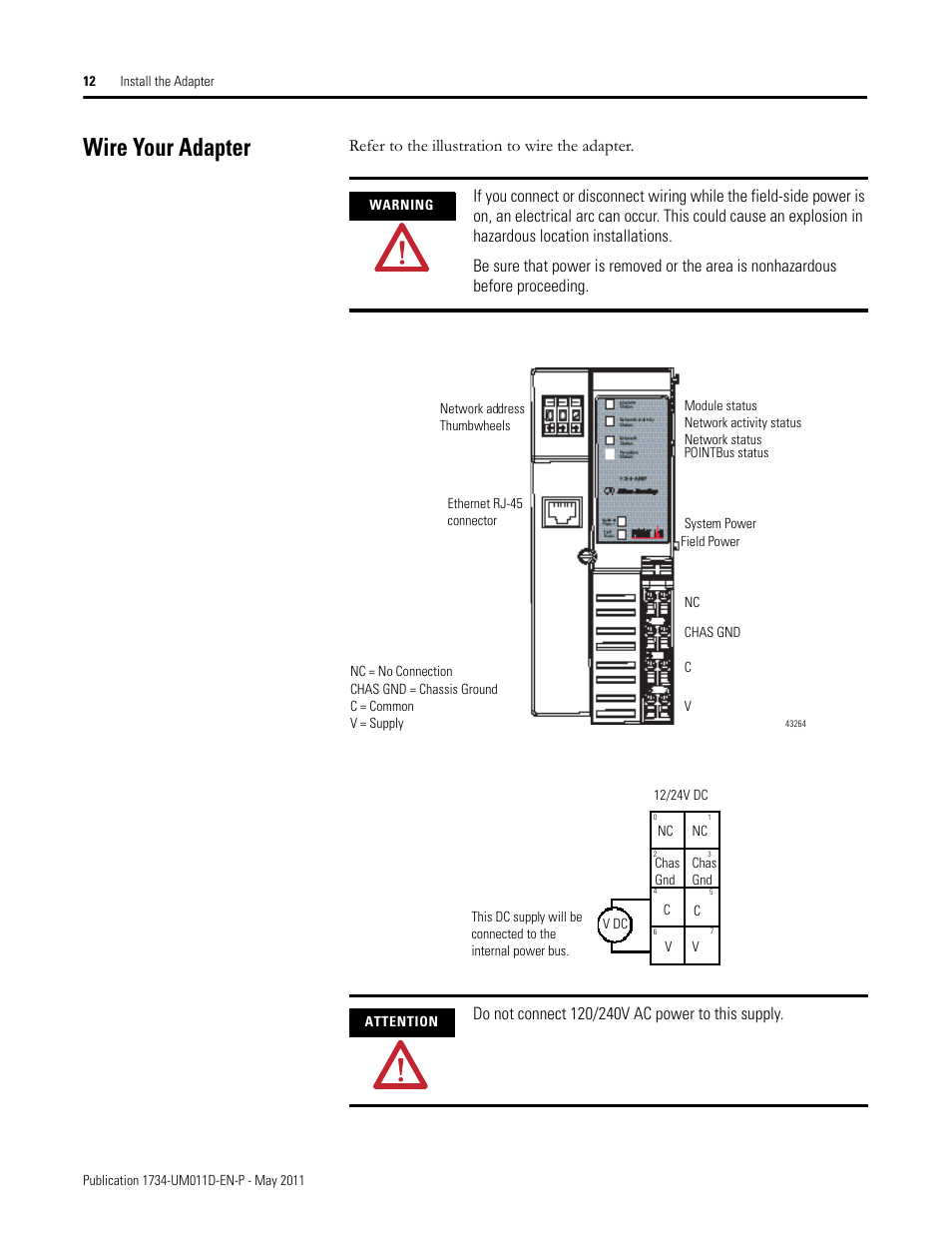Wire your adapter, Refer to the illustration to wire the adapter | Rockwell Automation 1734-AENT POINT I/O EtherNet/IP Adapter Module User Manual | Page 28 / 158